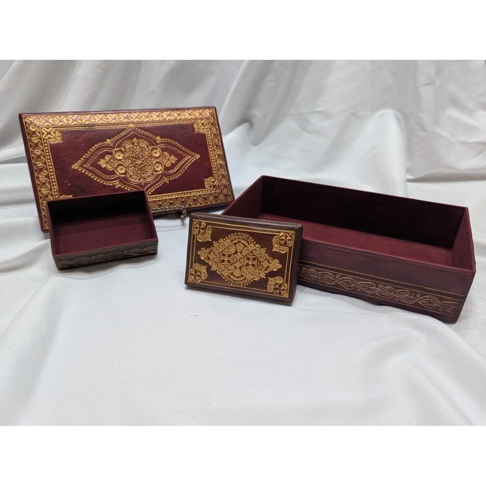 Vintage Signed Leather/Faux Box Set, Hand Tooled Brazilian Storage Boxes